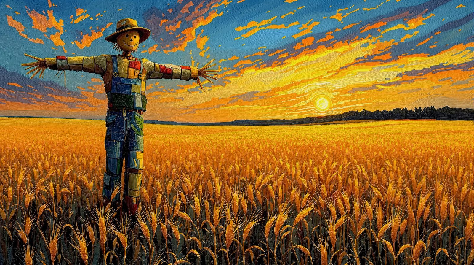 Scarecrow in Golden Wheat Field at Sunset