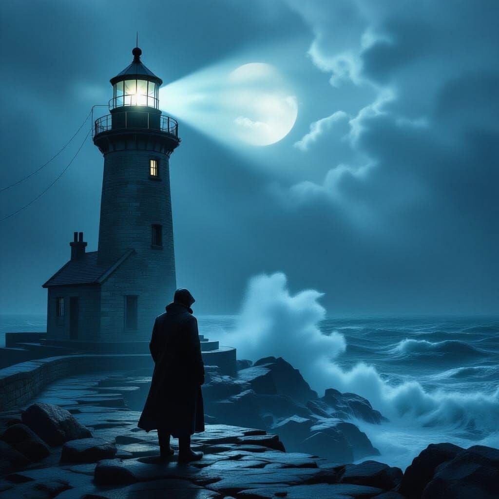 Lone Lighthouse Keeper Against Stormy Sea in Hyperrealistic ...