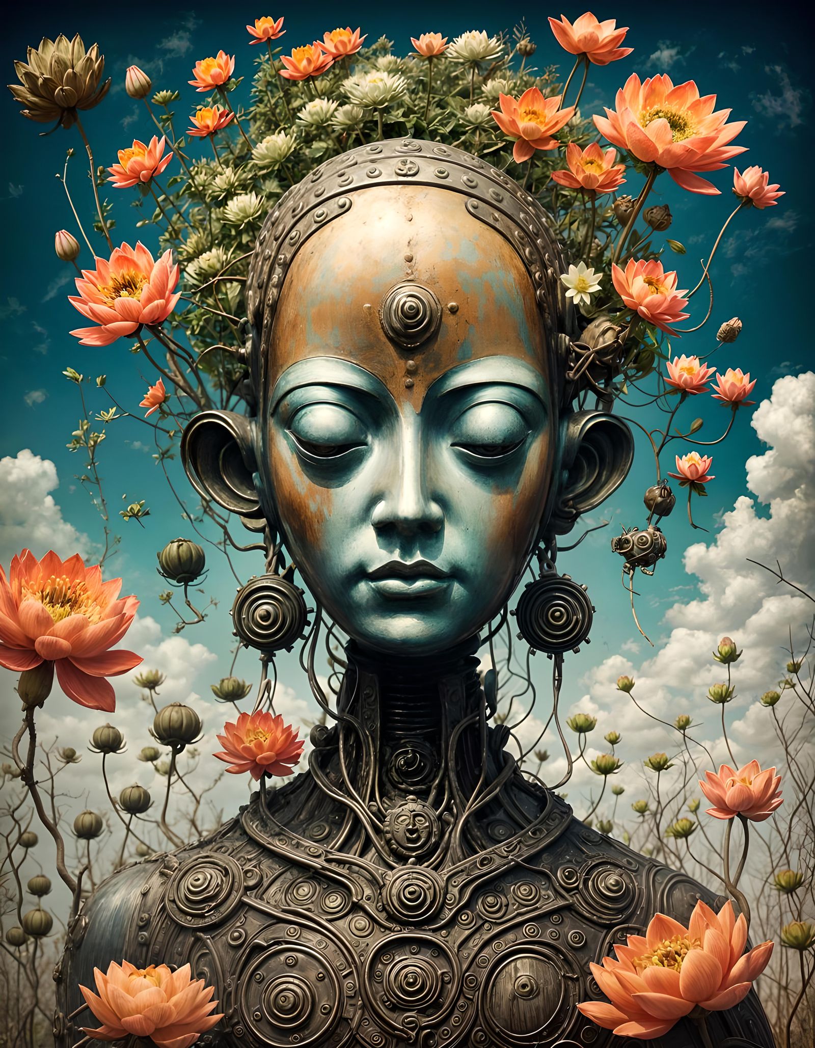 Cute Rusted Robot Buddha with Lotus Flowers