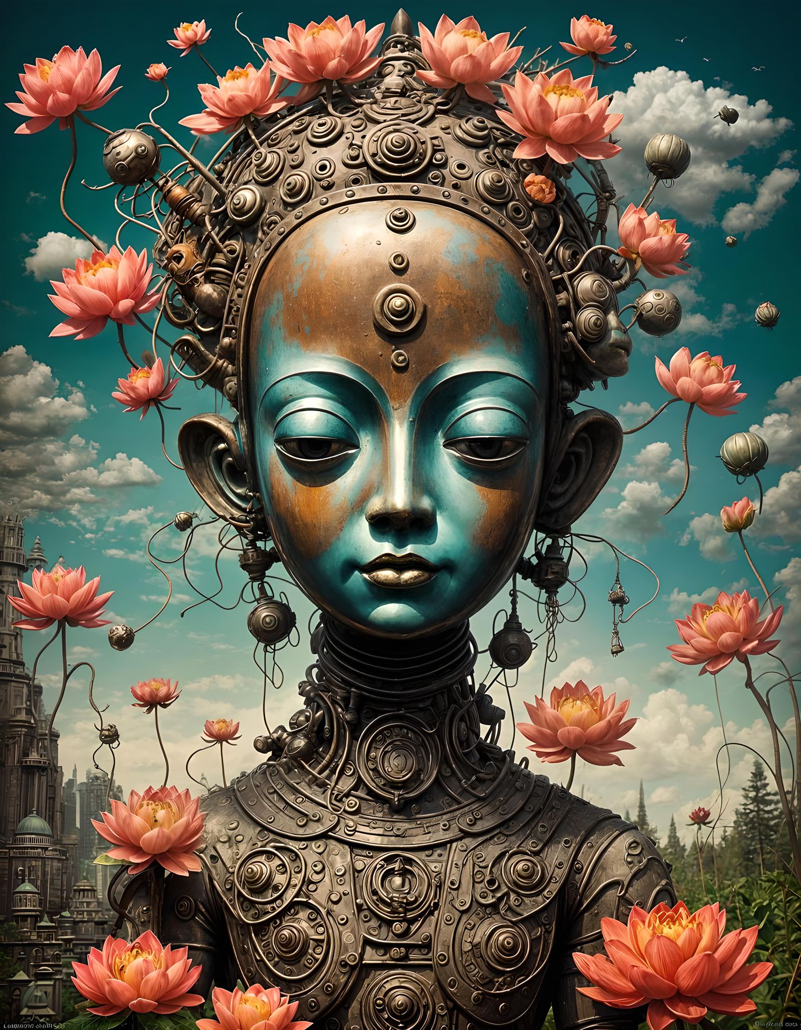 Rusted Retro Robot Buddha with Lotus Flowers