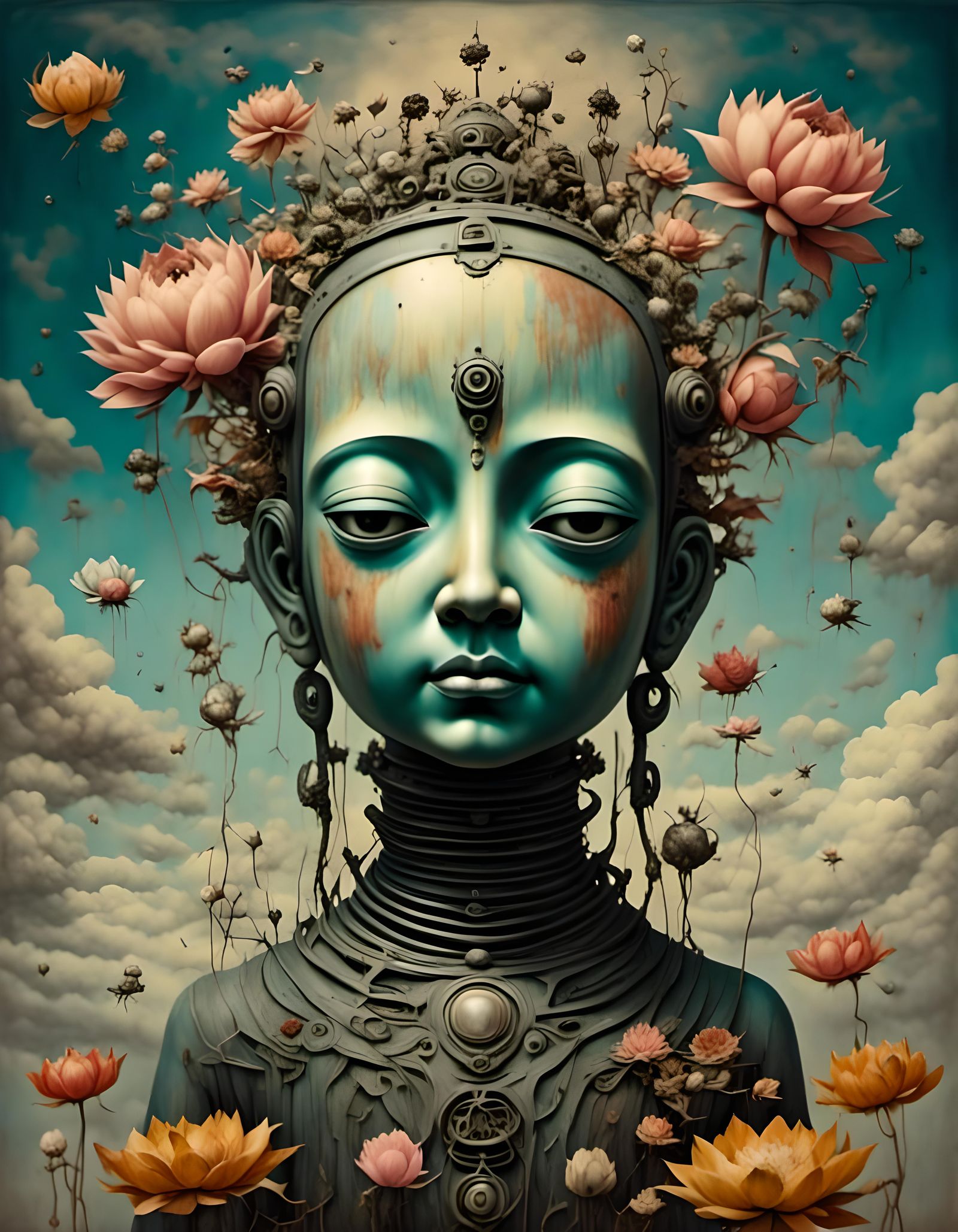 Cute Rusted Robot Buddha with Lotus Flowers