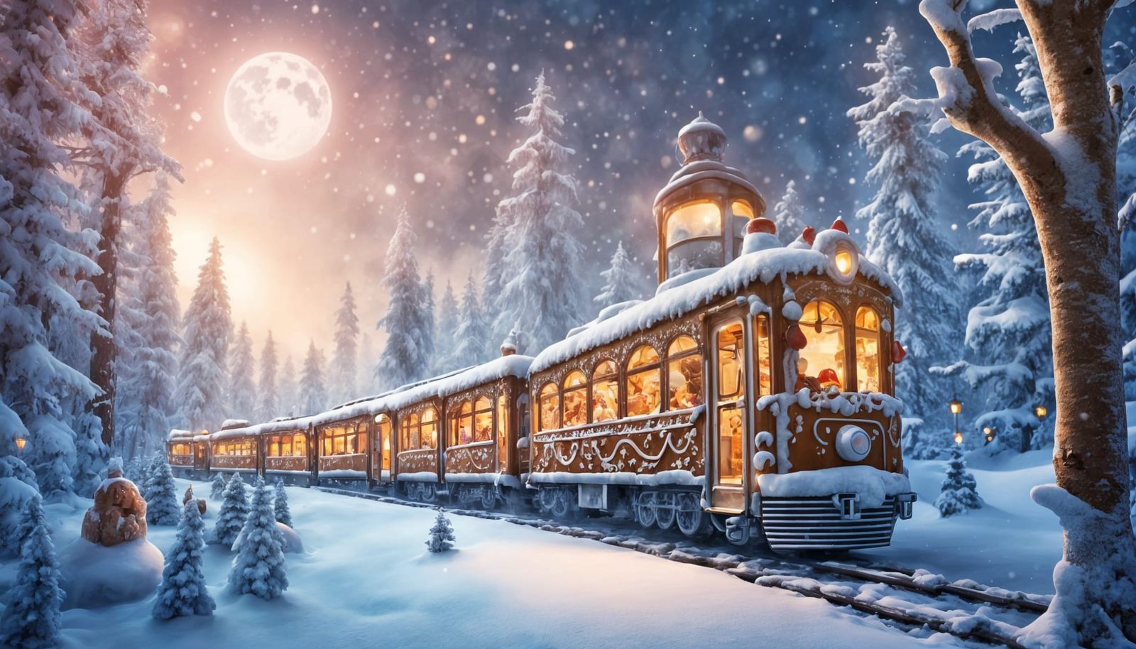 Whimsical Gingerbread Train in Magical Winter Forest
