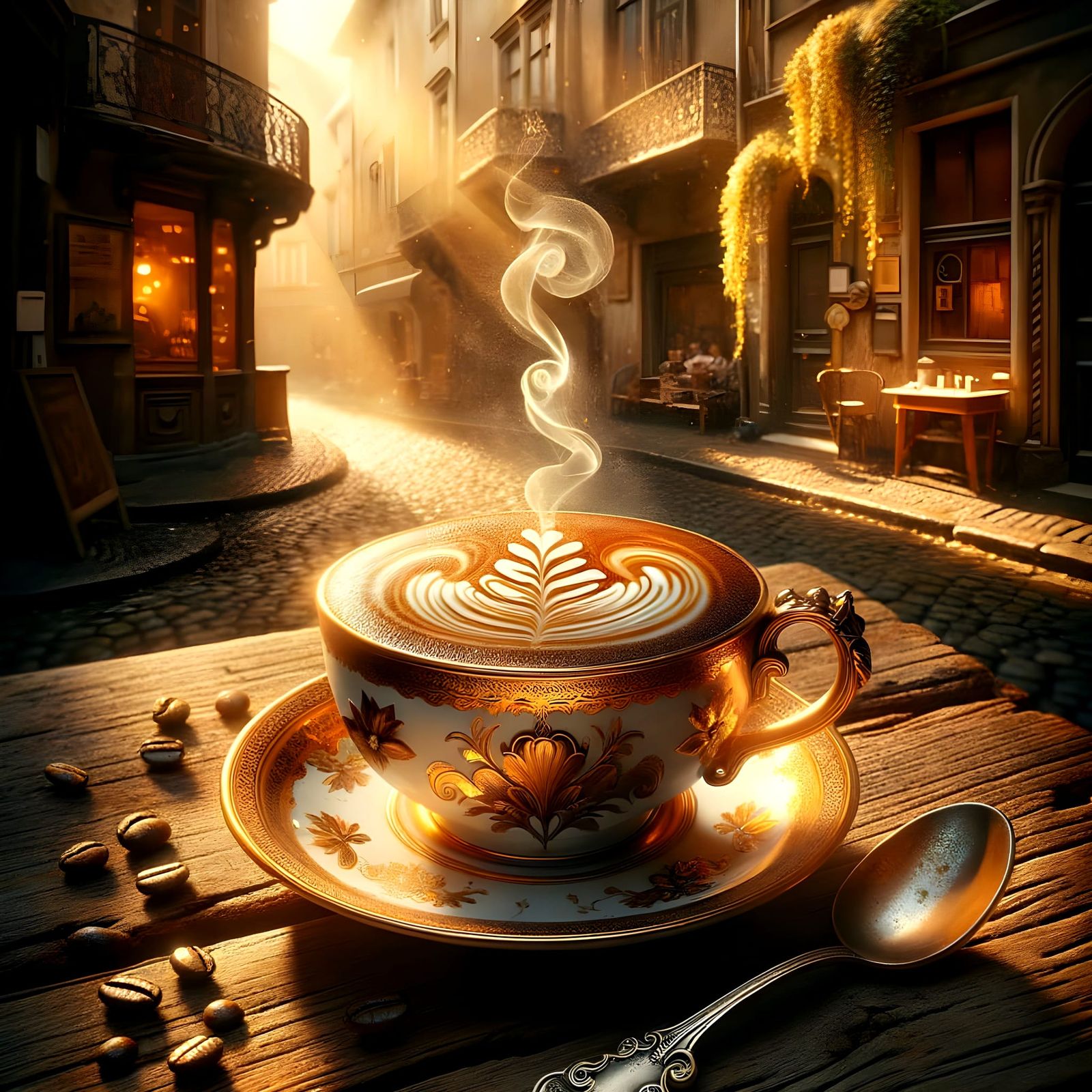 Coffee Cup in European Cafe at Sunset