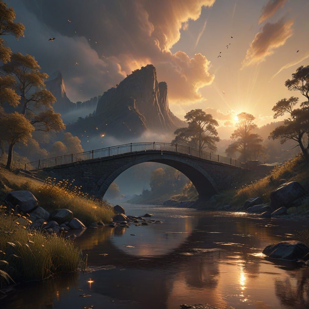 Serene River Landscape with Quaint Bridge at Golden Hour