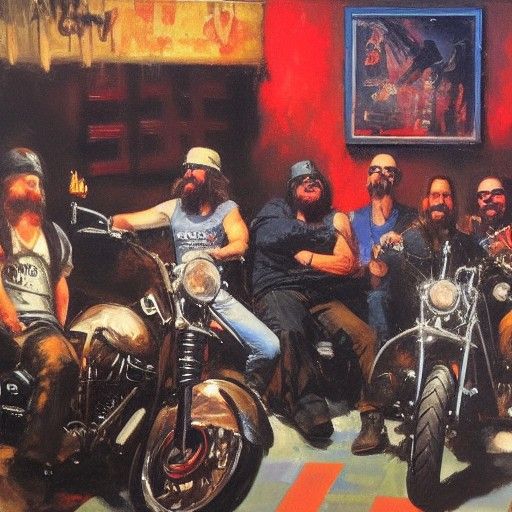 Outlaw Bikers Karaoke Night, Oil Painting Style