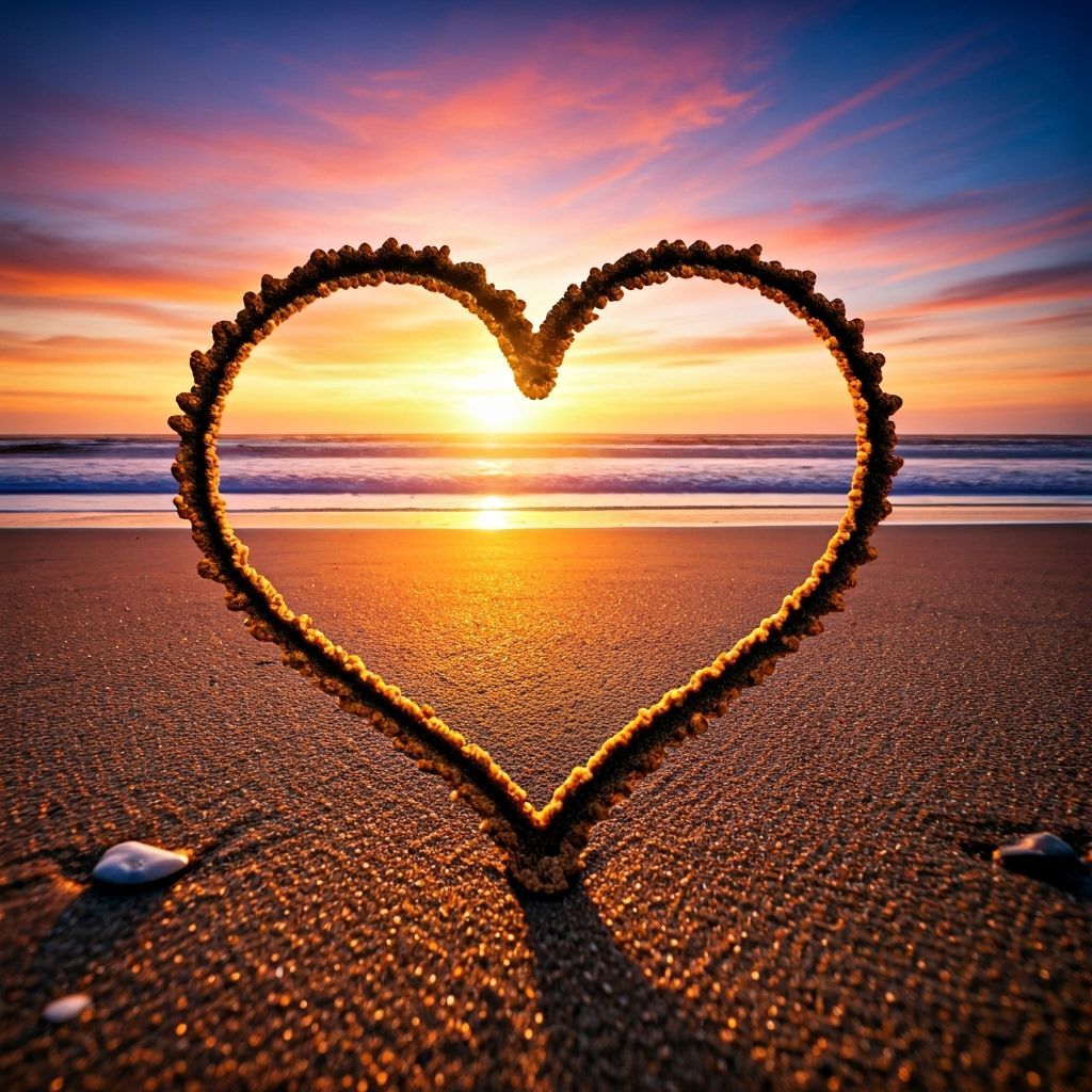 Luminous Heart in Sand at Sunset Coastal Vista