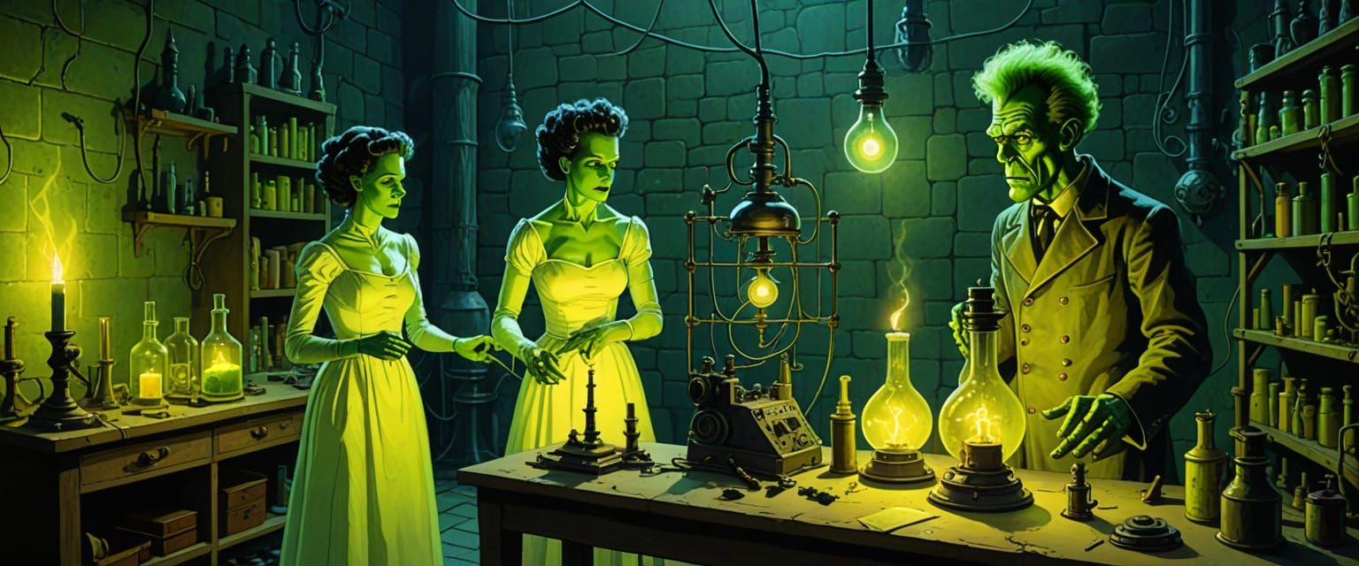 Frankenstein and Bride in Laboratory with Lightning, Waterco...