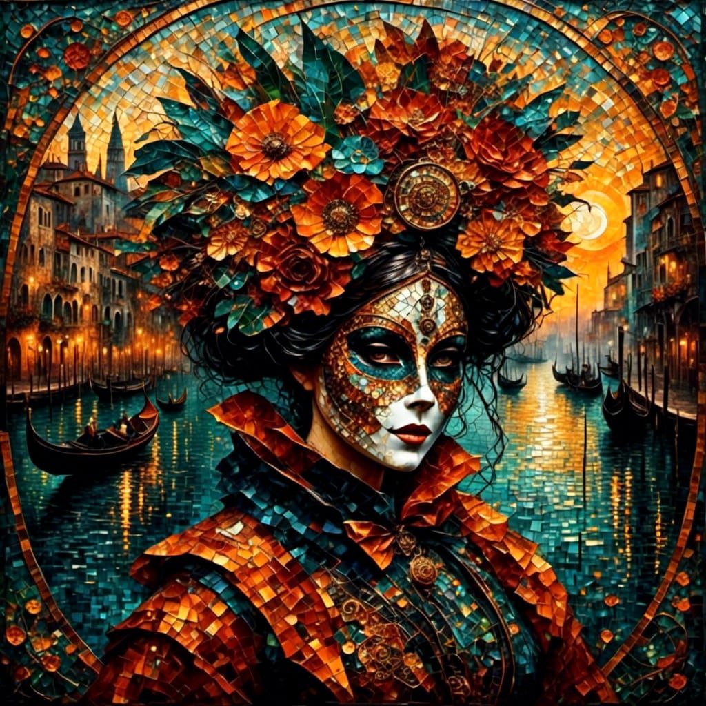 Venetian Carnival Mask in Mosaic Tile Style
