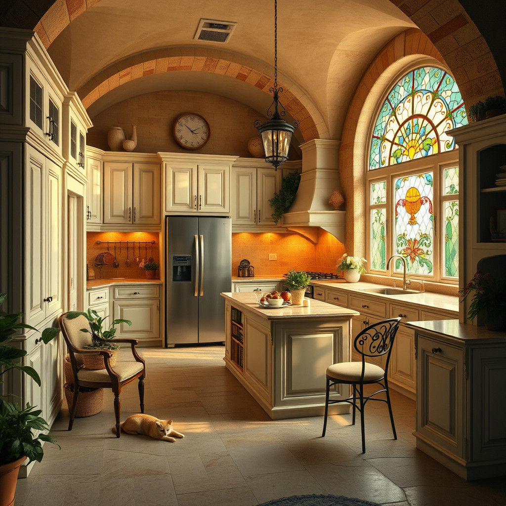 Elegant Italian Kitchen with Stained Glass Window
