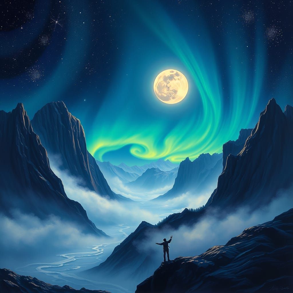 Ethereal Nighttime Landscape with Full Moon and Northern Lig...