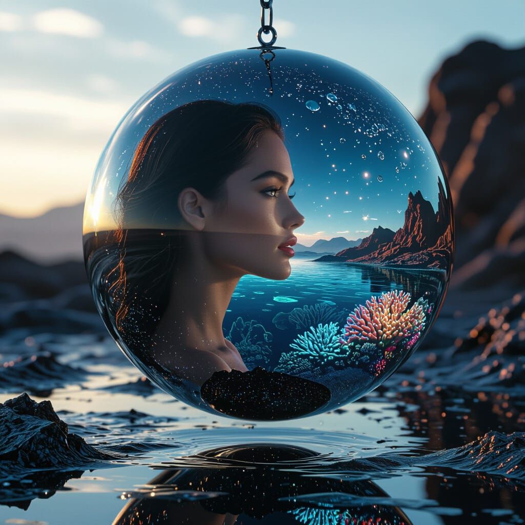 Surreal Portrait Reflected in Chrome Orb