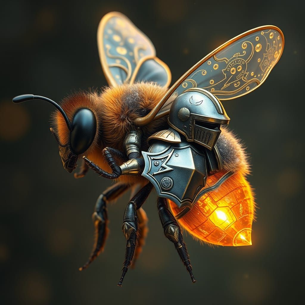 Bee in Iridescent Armor Bears Tiny Knight in Whimsical Fanta...