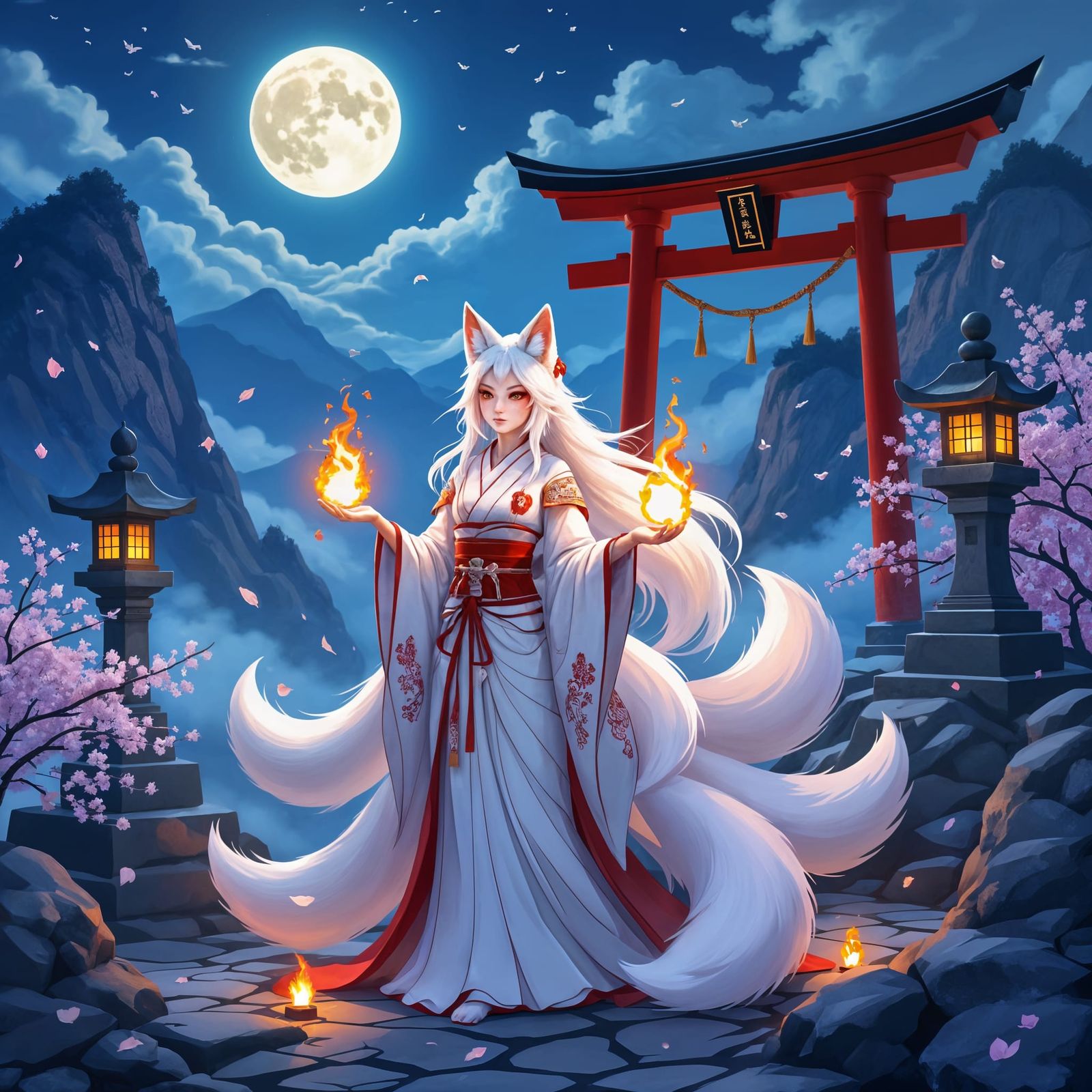 Nine-Tailed Fox Spirit Ritual at Moonlit Mountain Shrine