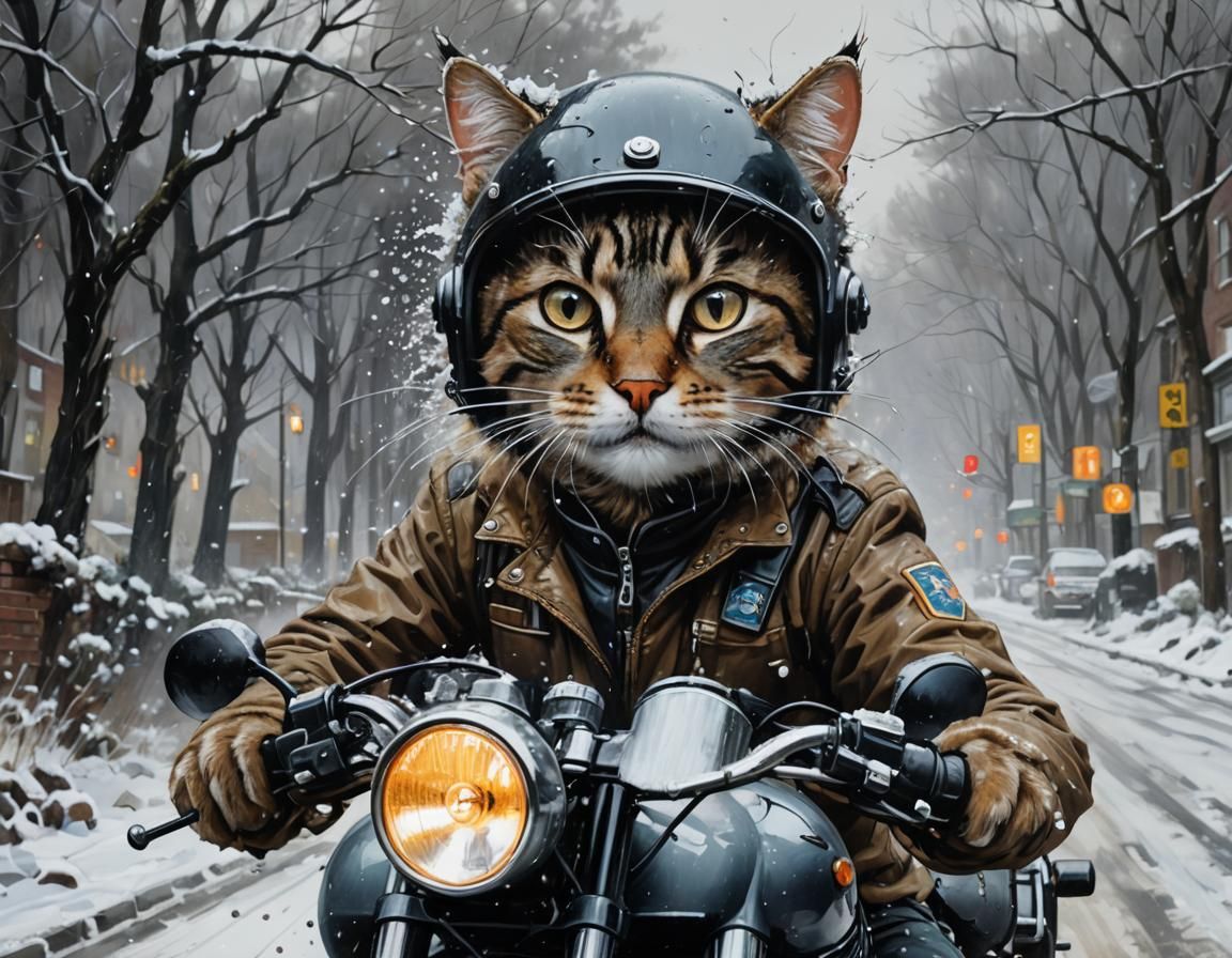 Anthropomorphic Cat Rides Motorcycle in Snowstorm