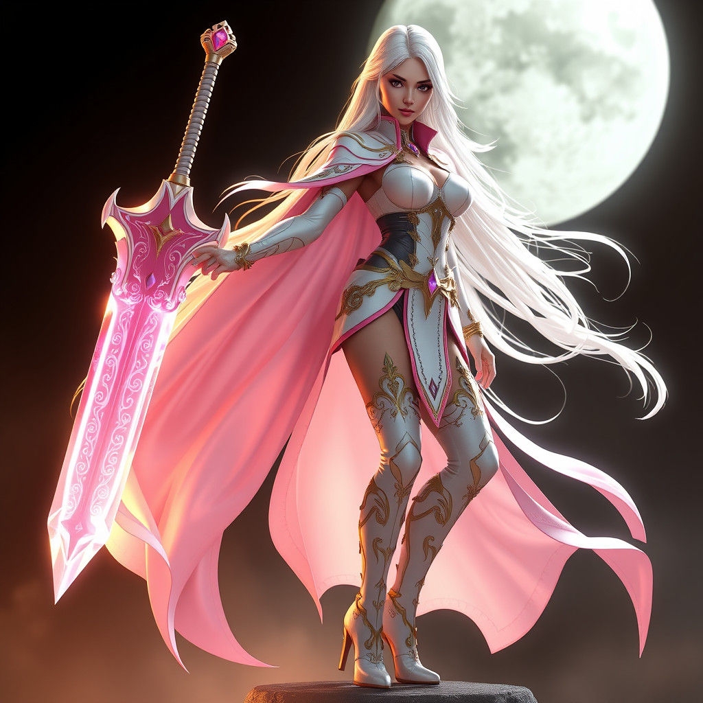 Woman in White and Pink Armor with Sword