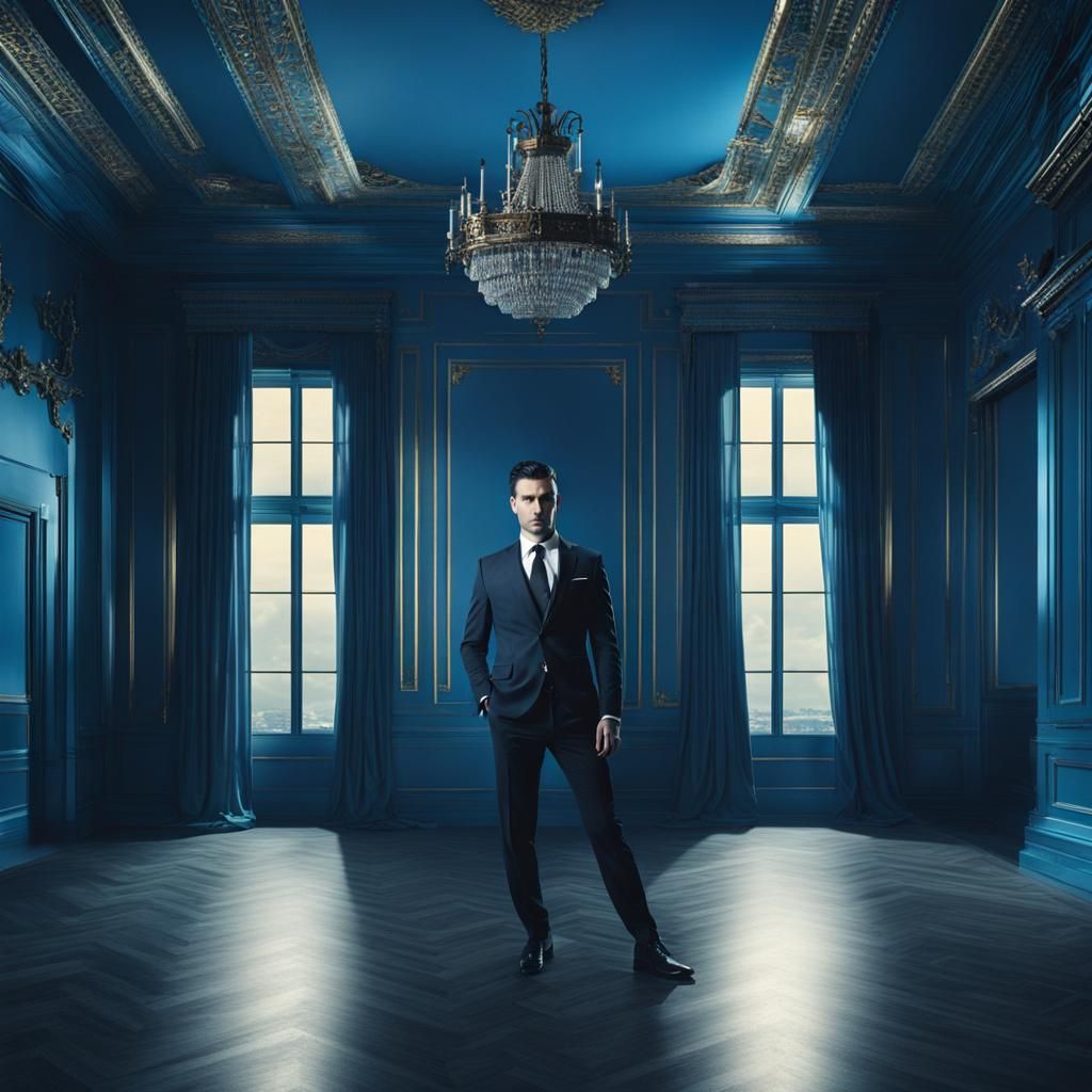 Sinister Businessman in Elegant Blue Room