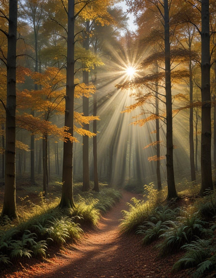 Crepuscular Rays Illuminate an Autumn Forest