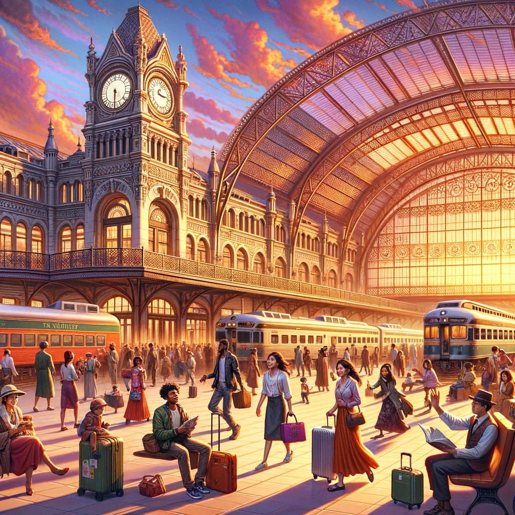 Late 19th-Century Train Station in Full Swing