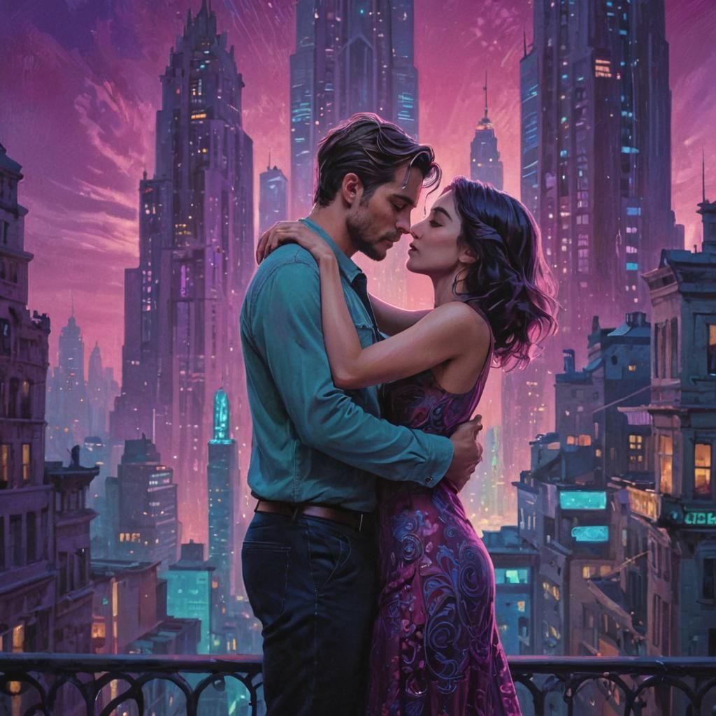 Romantic Couple in Ultraviolet Cityscape Concept Art