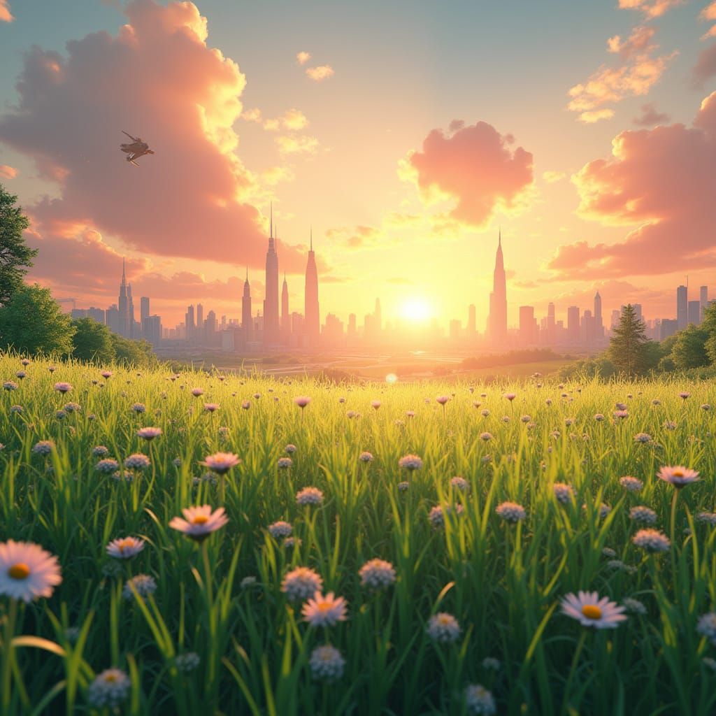Futuristic City Sunset Over Green Anime Grassland