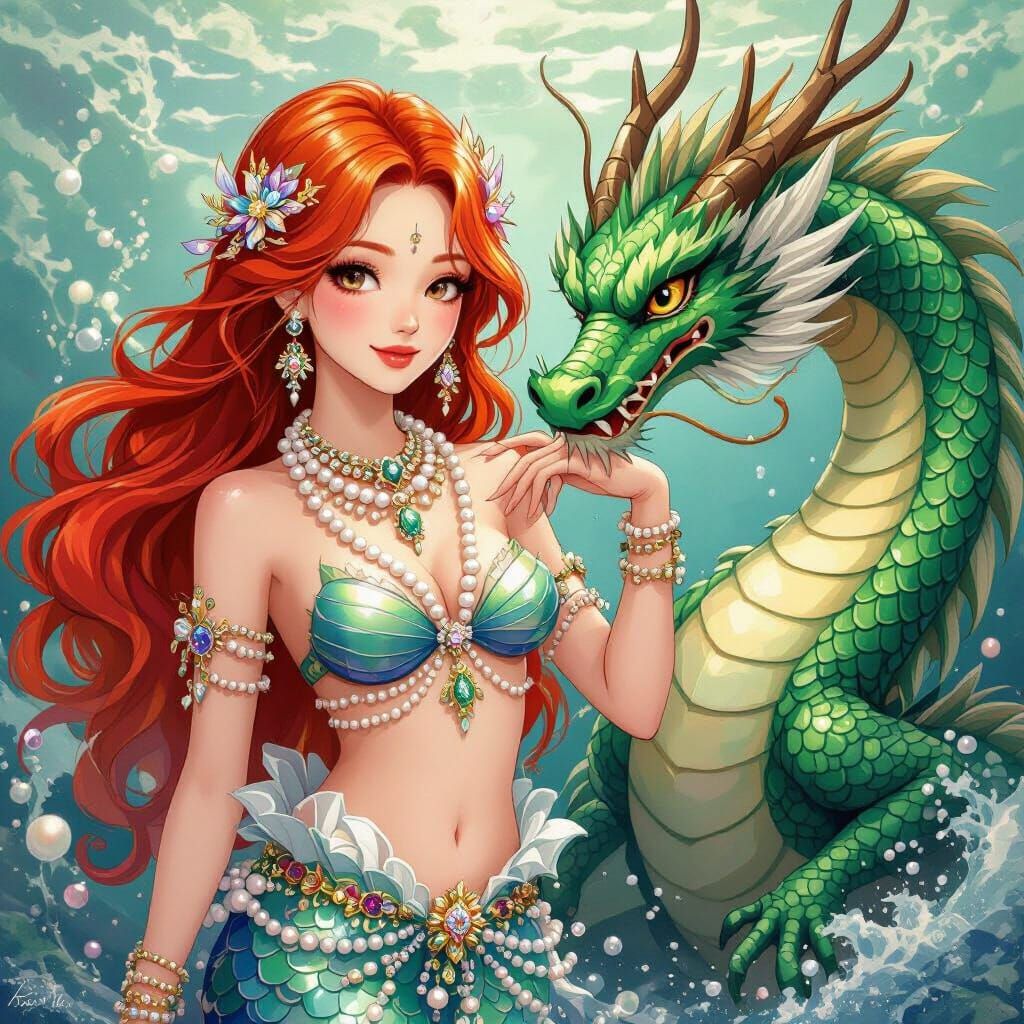 Thai Mermaid Princess and Dragon in Fantasy Art Style