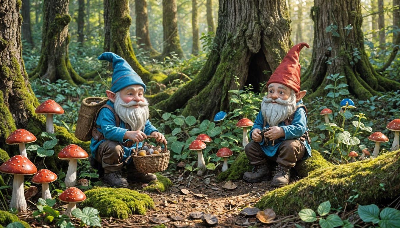 Gnomes Gathering Mushrooms in Magical Forest, Fantasy Art