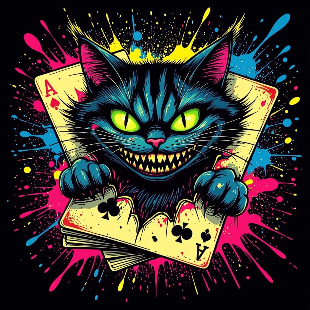Cheshire Cat Bursting From Cards in Graffiti Style
