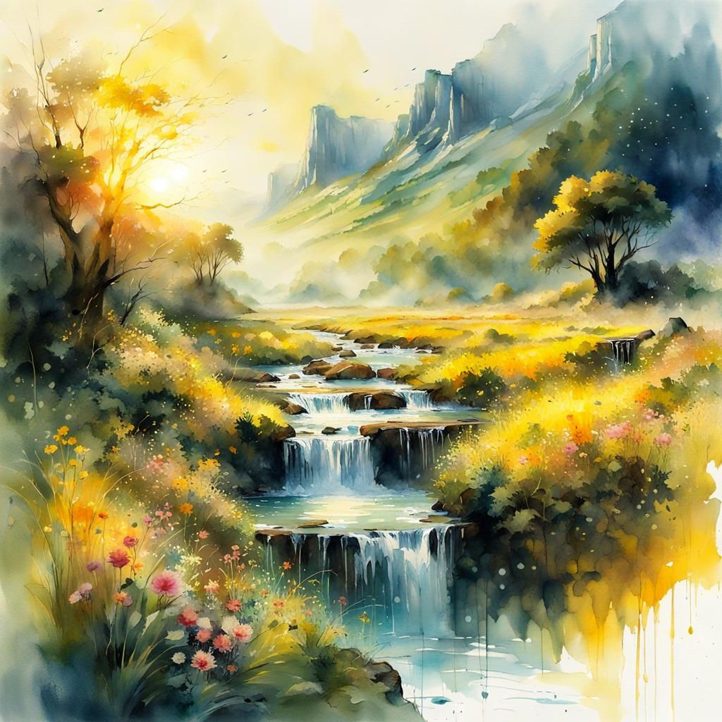 Lush Summerscape at Sunrise in Watercolor Style