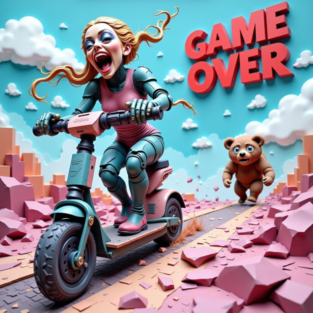 Cyborg Scooter Chase in 8-bit Style