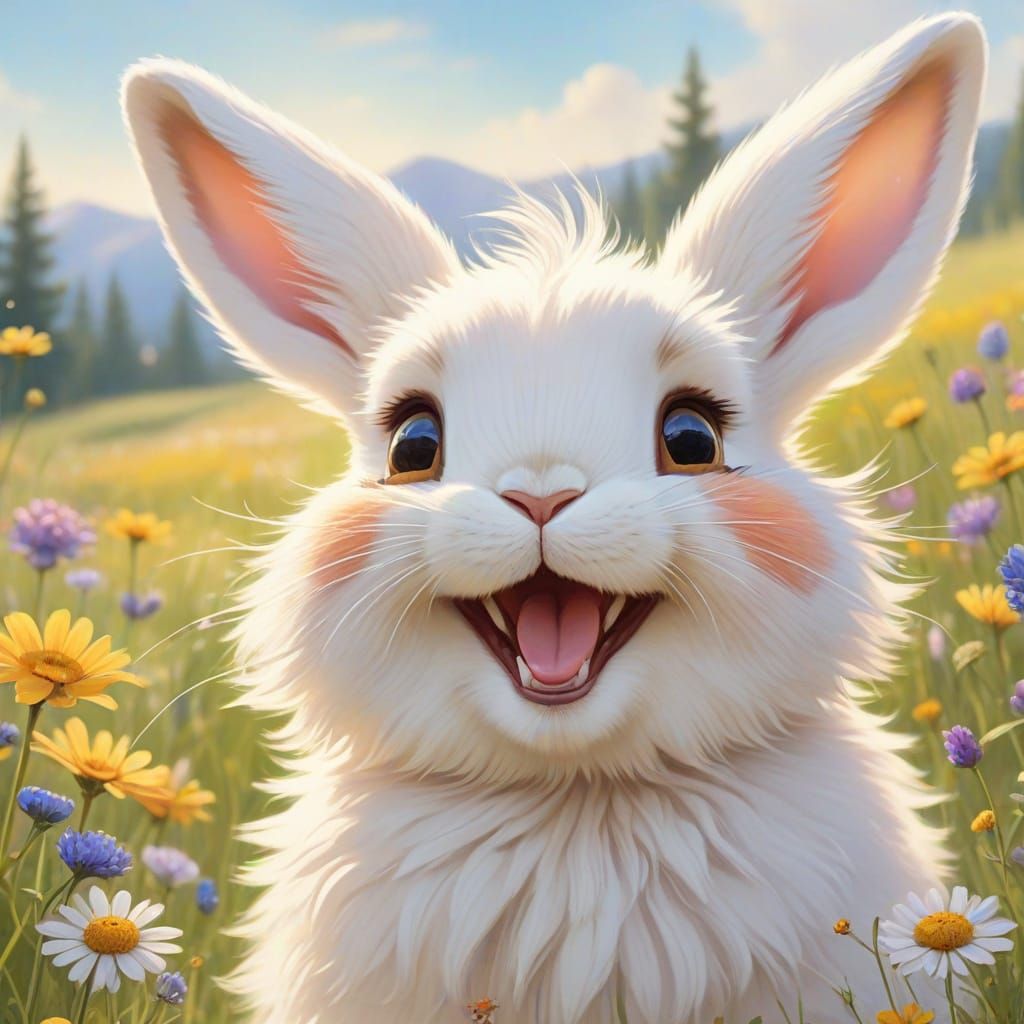 Laughing Bunny in Sunny Meadow, Watercolor Art