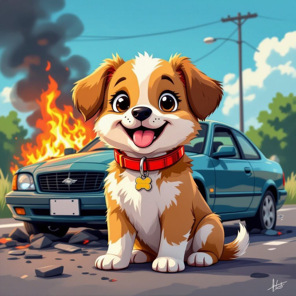 Cute Puppy Sits Before Fiery Crashed Car