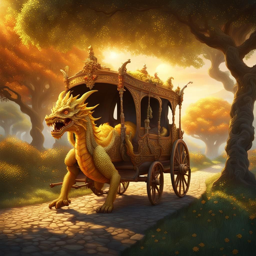 Yellow Dragon Pulls Golden Gypsy Waggon: Fantasy Art