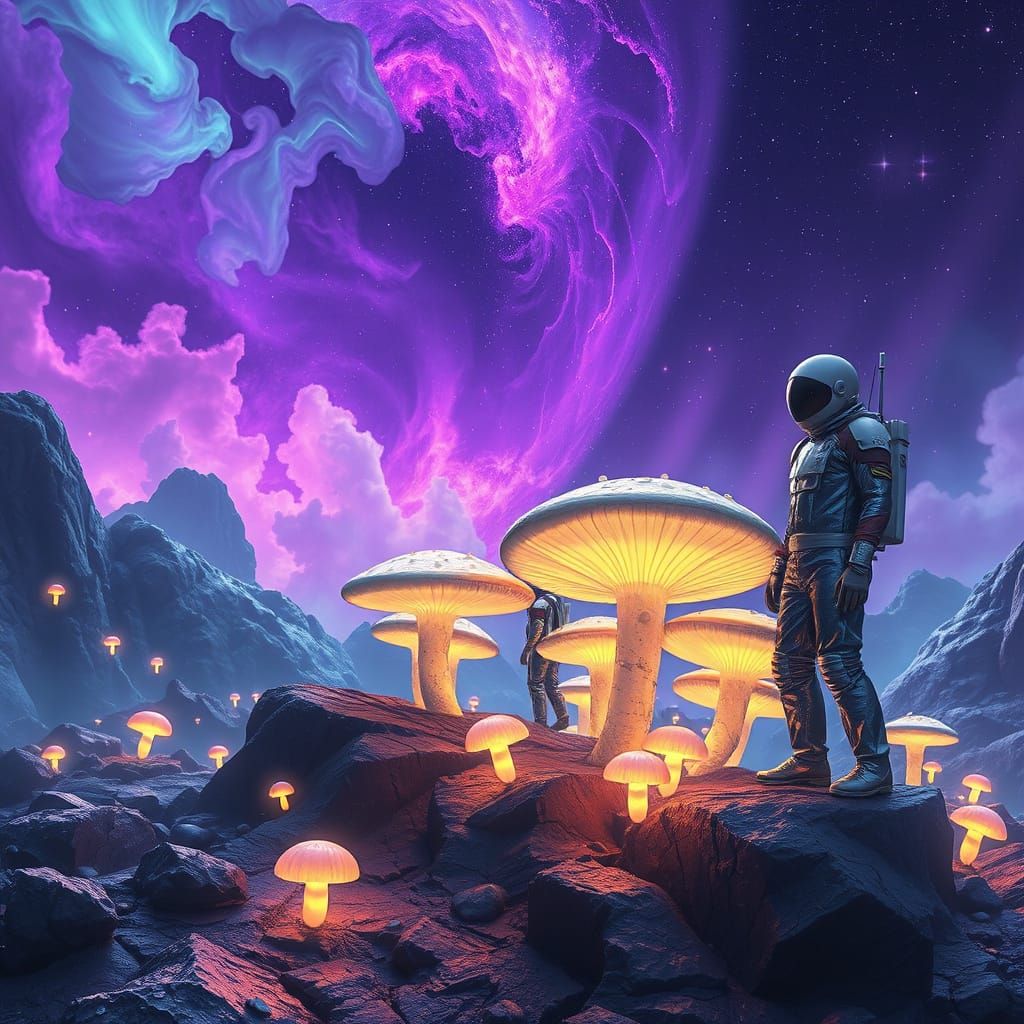 Astronauts Stand on Glowing Mushrooms in a Vibrant Nebula La...