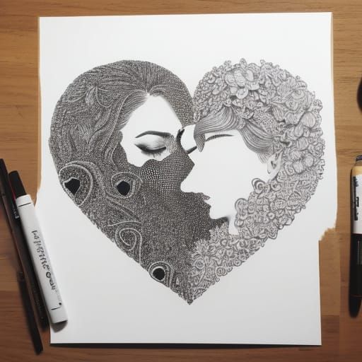 Stipple ink drawing, a heart broken in two, Jaya Suartika