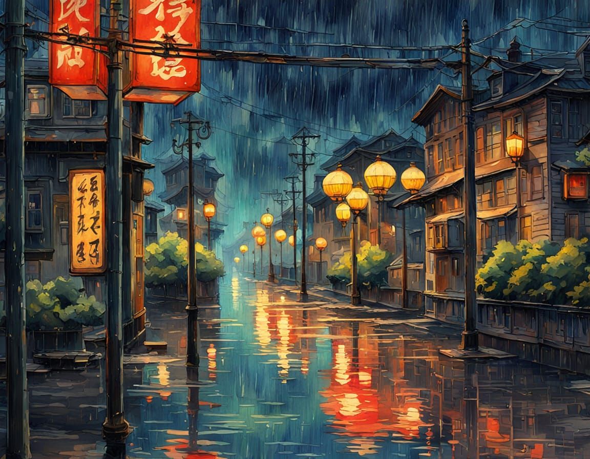 Dreamy Post-Impressionist Rainy Night Scene in Ukiyo-e Style
