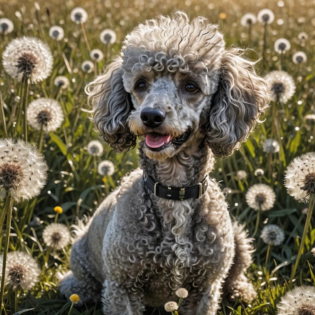 Laughing Silver Poodle in Sunlit Meadow