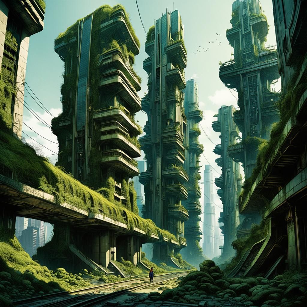 a beautiful 1950s city of the future, in the style of Klaus Burgle, fallen into ruins, post-apocalyptic, abandoned, the ...