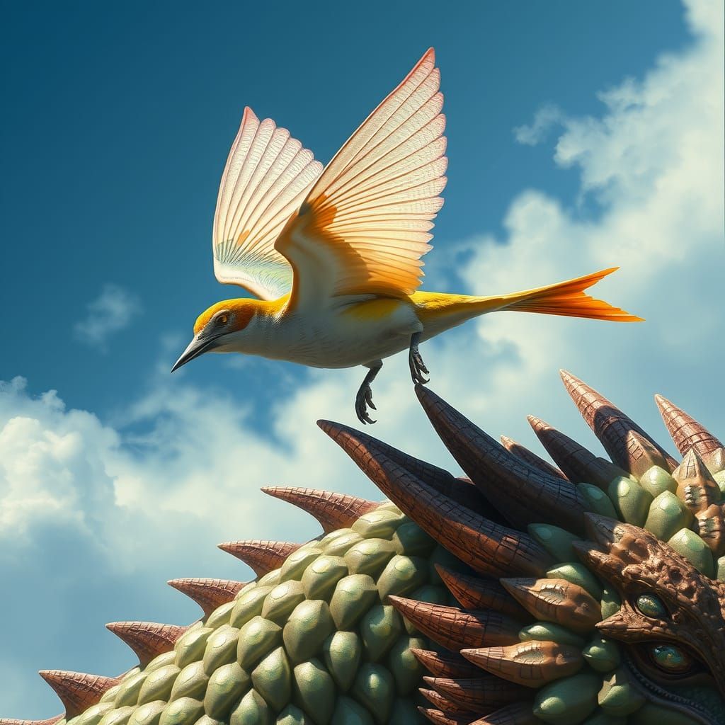 Bird Soars Over Dragon's Shoulder in Dreamlike Surrealist St...