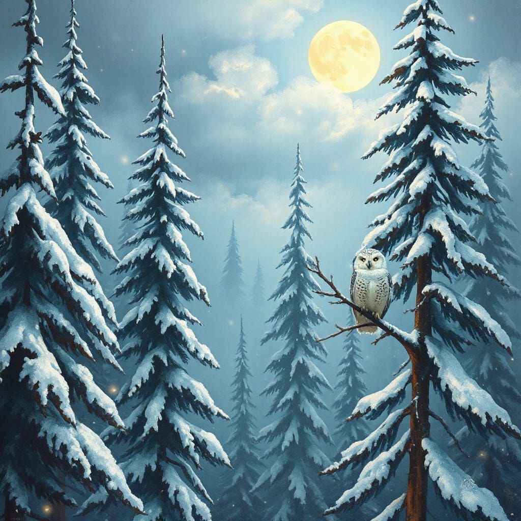 Winter Forest Scene with Snowy Owl by Moonlight