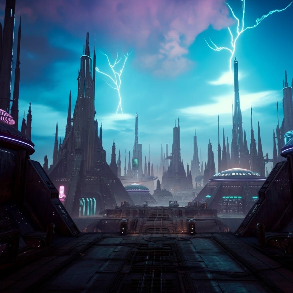 Retro-Futuristic Metropolis in Electric Blue Sci-Fi Art
