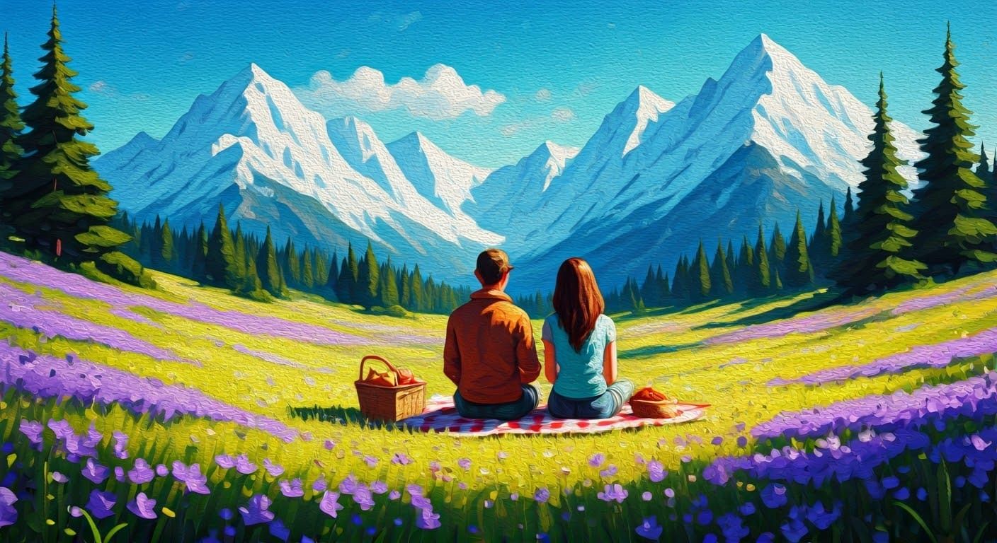 Couple's Serene Summer Picnic Amidst Blooming Bellflowers an...