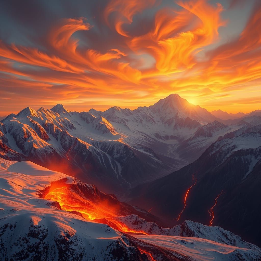 Volcanic Eruption at Sunset: Mountain Range Panorama