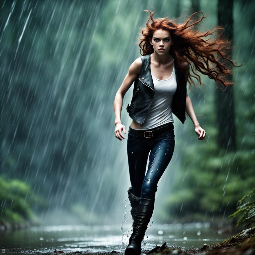 Elven Sorceress Runs in Rainy Forest