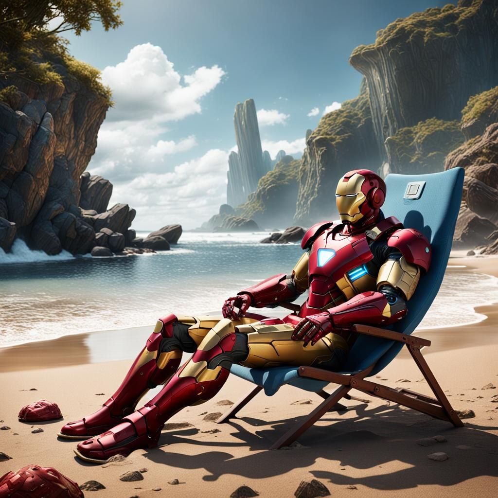 Iron Man Relaxing on a Beach in Detailed Matte Painting