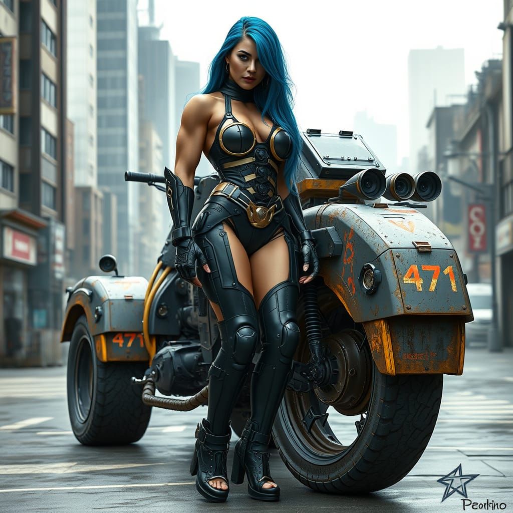 Cyborg Woman Poses in Dystopian Cyberpunk Cityscape