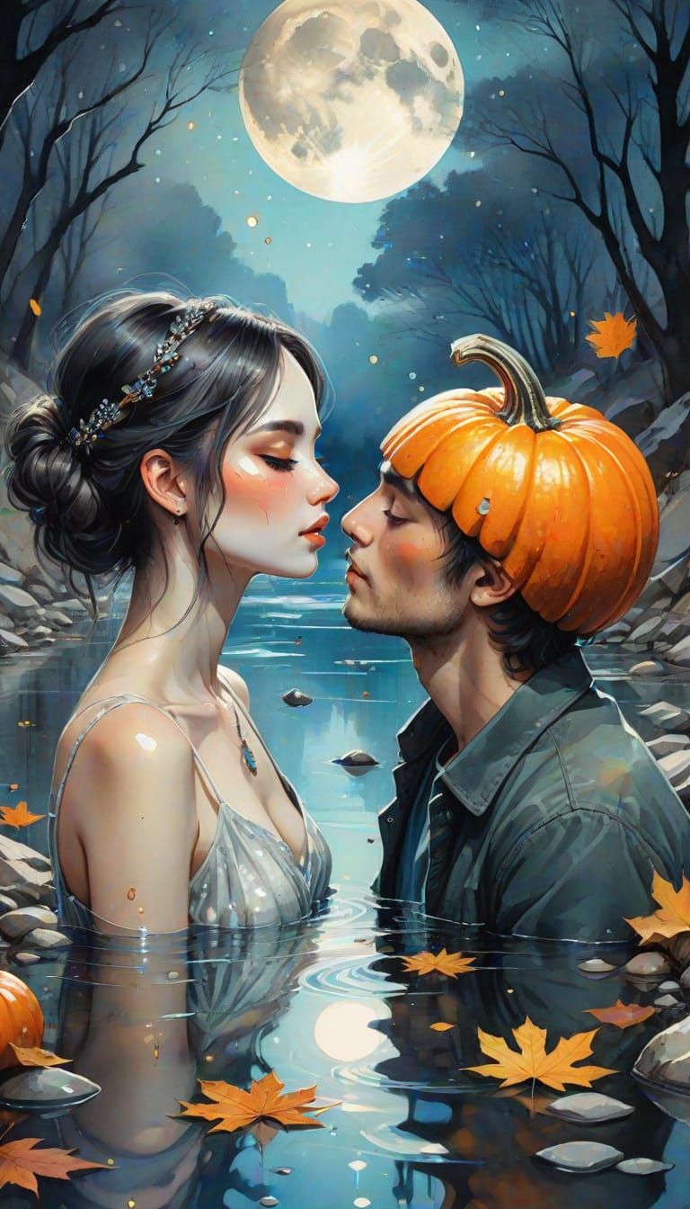 Couple Kissing by River in Whimsical Retro Collage Style