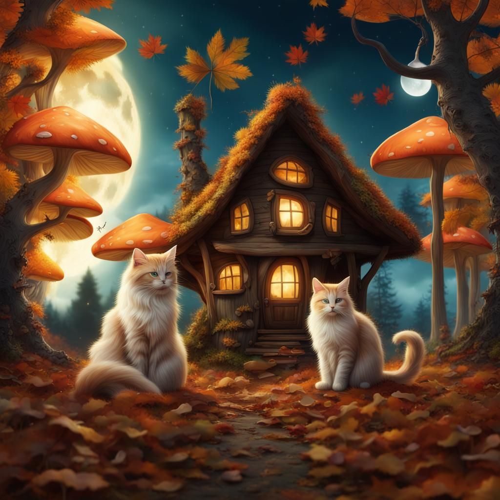 Autumnal Cats in Fantasy Forest Scene