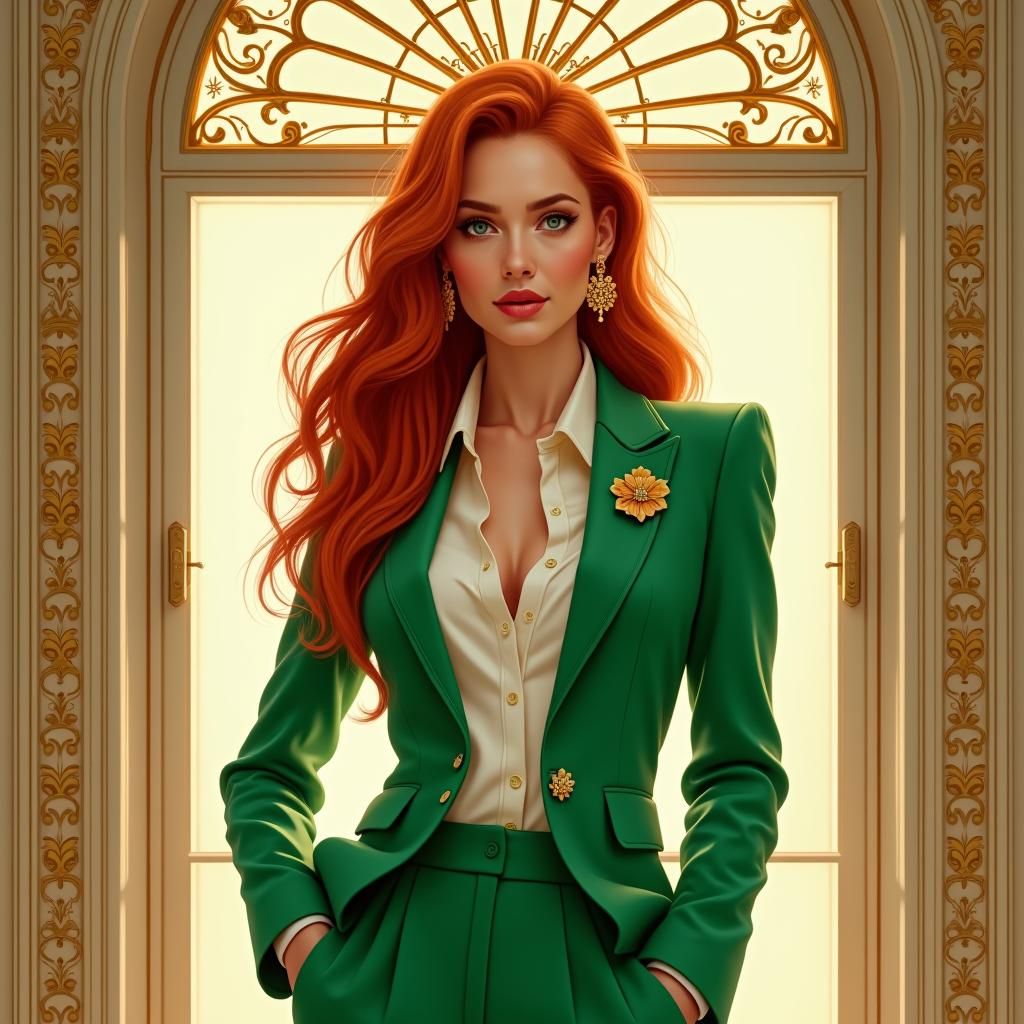 Opulent Portrait of Woman in Green Suit, Art Nouveau Style