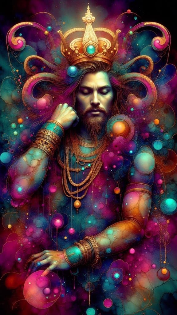 Regal King on Throne in Neon Grunge Style