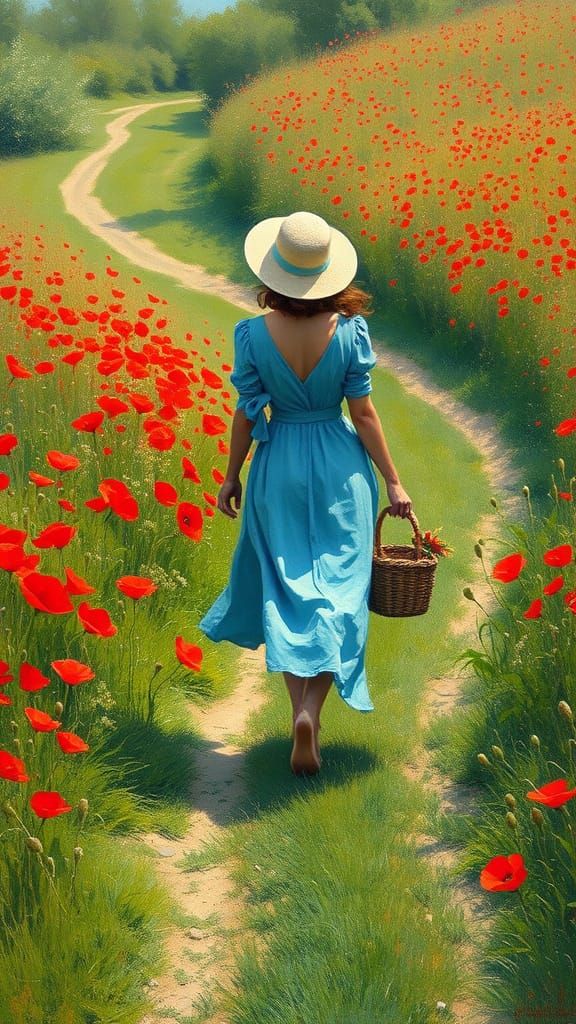 Woman in Poppy Field: Impressionist Style